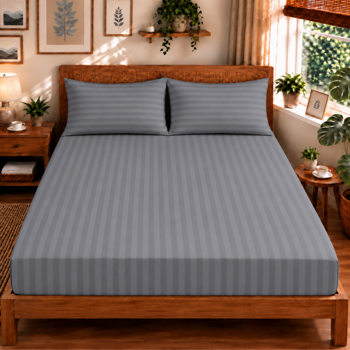 Pure Luxe - 100% Cotton 210 TC Satin Stripe King Size Bedsheet with 2 Pillow Covers