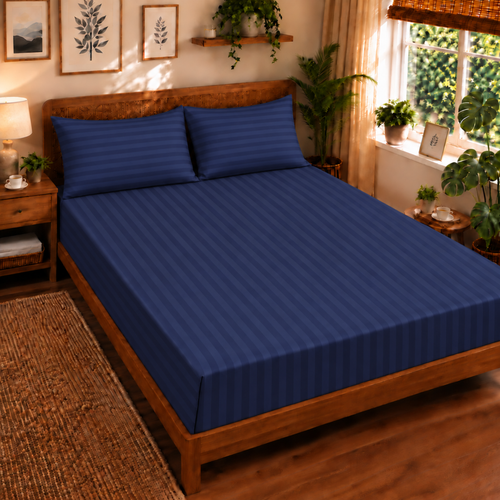 Pure Luxe - 100% Cotton 210 TC Satin Stripe King Size Bedsheet - Navy Blue