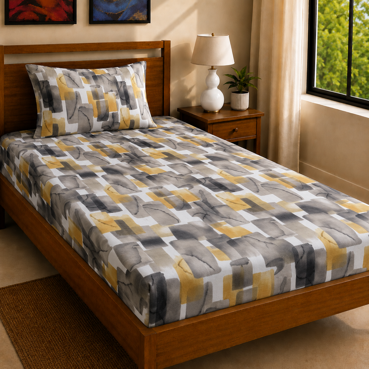 Geometric Print Cotton Bedsheet - Black & Yellow