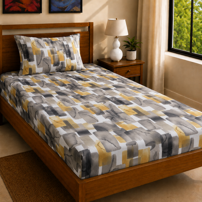 Geometric Print Cotton Bedsheet - Black & Yellow
