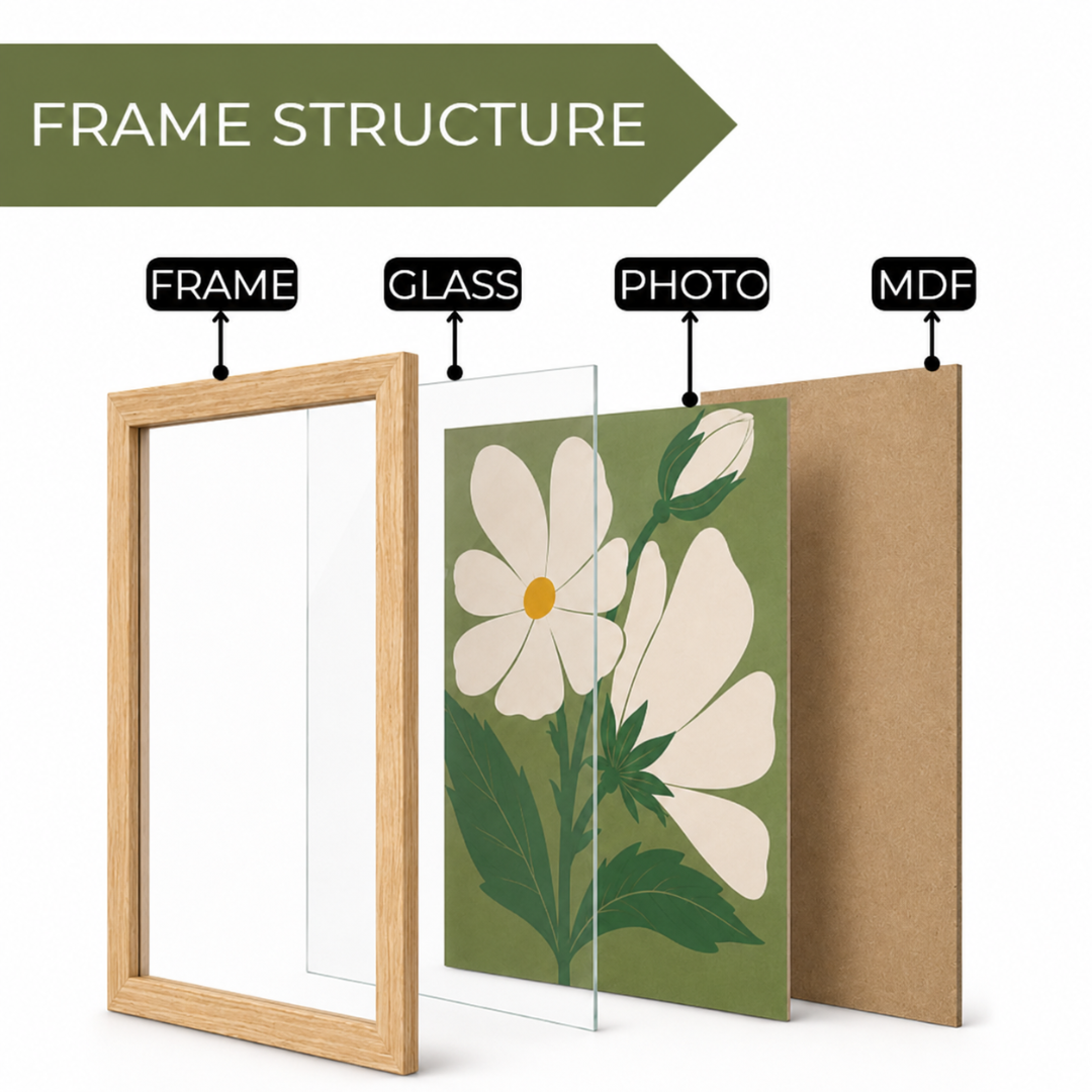 Cream daisy flower illustration on olive green background print