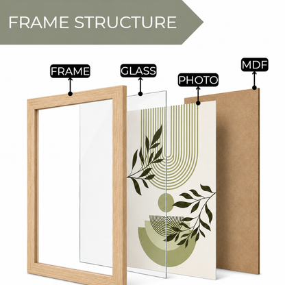 Terracotta arch and sun print with botanical leaf branch overlay