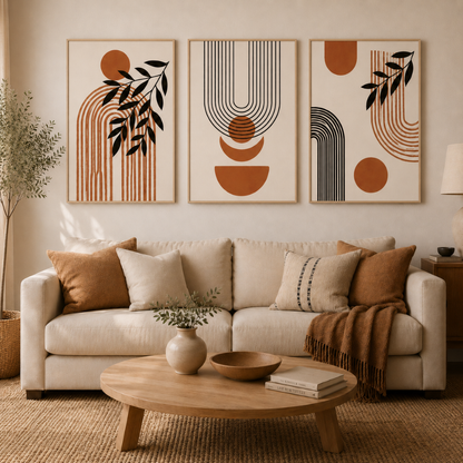 Boho abstract wall art set of 3 with natural wood frames