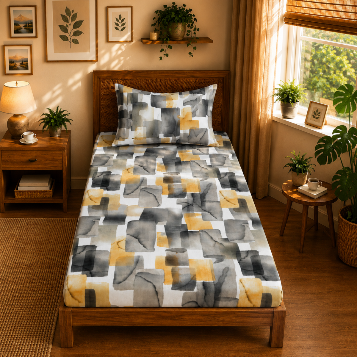 Geometric Print Cotton Bedsheet - Black & Yellow