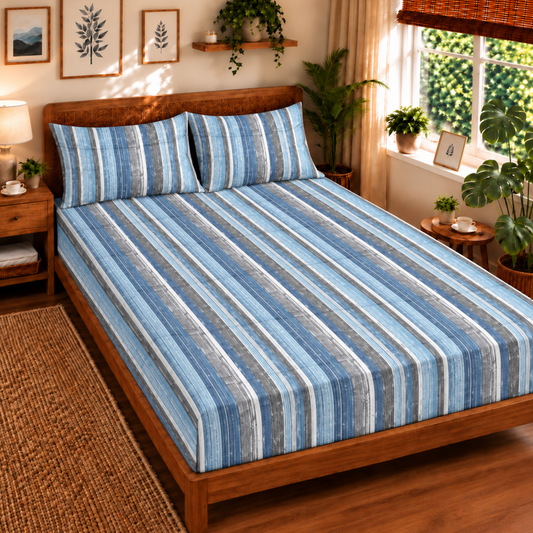Beneton - White & Blue Designer Satin Stripe Bedsheet