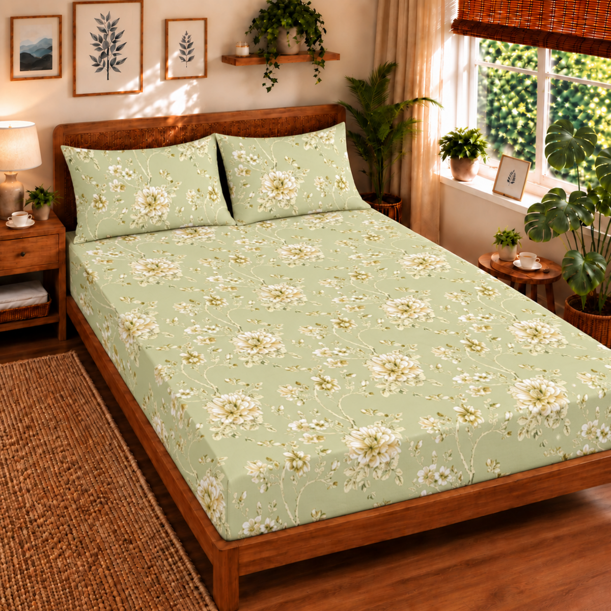 Elyx Floral Kingsize Bedsheet - Green