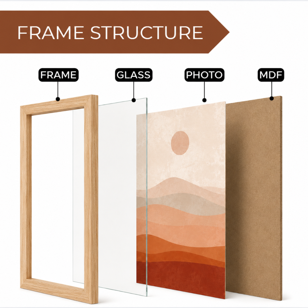 Layered desert dune landscape print with sun in terracotta tones
