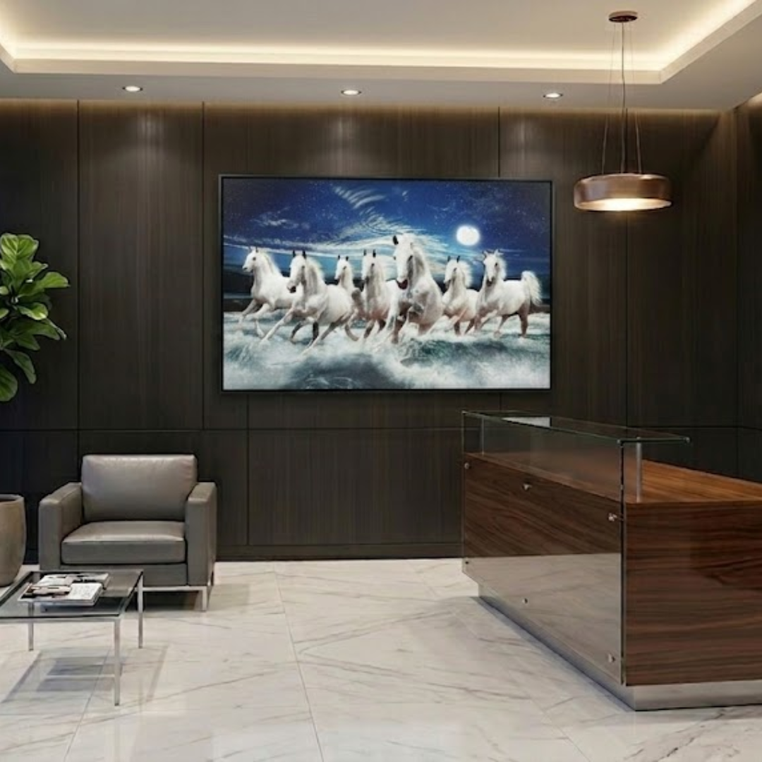 Side angle of framed horse painting showing frame depth and finish