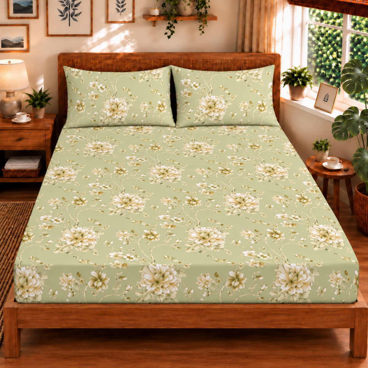 Elyx Floral Kingsize Bedsheet - Green