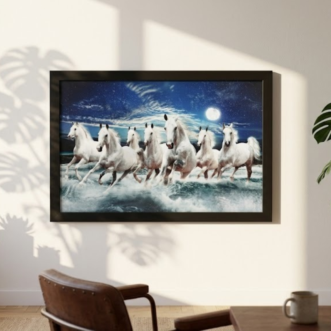 8 horses running Vastu painting size reference on living room wall