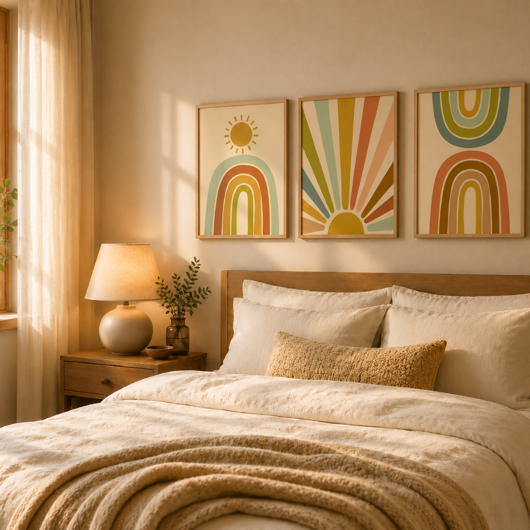 Sun and rainbow arch print in sage green and terracotta