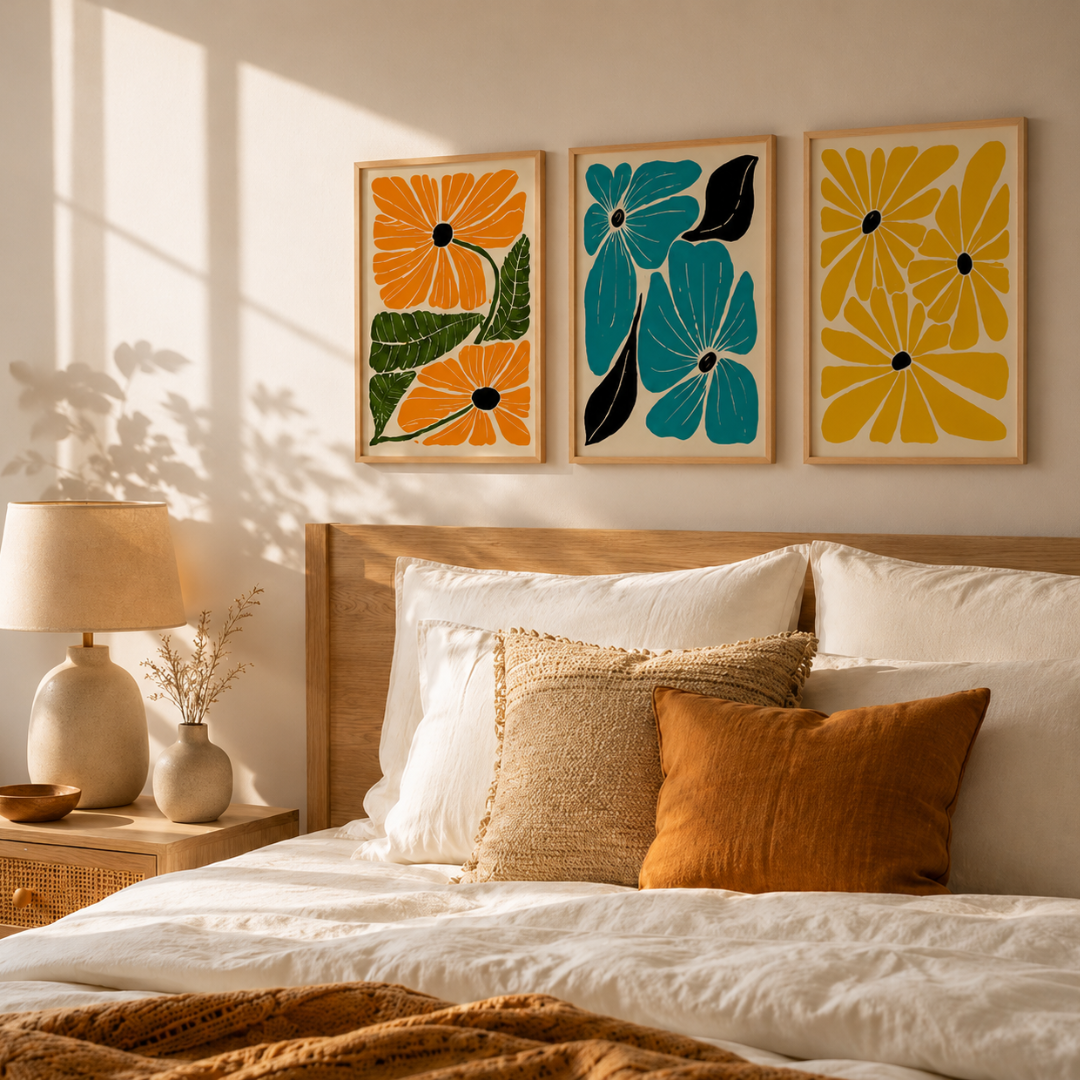 Mustard yellow daisy flower illustration print with black centers