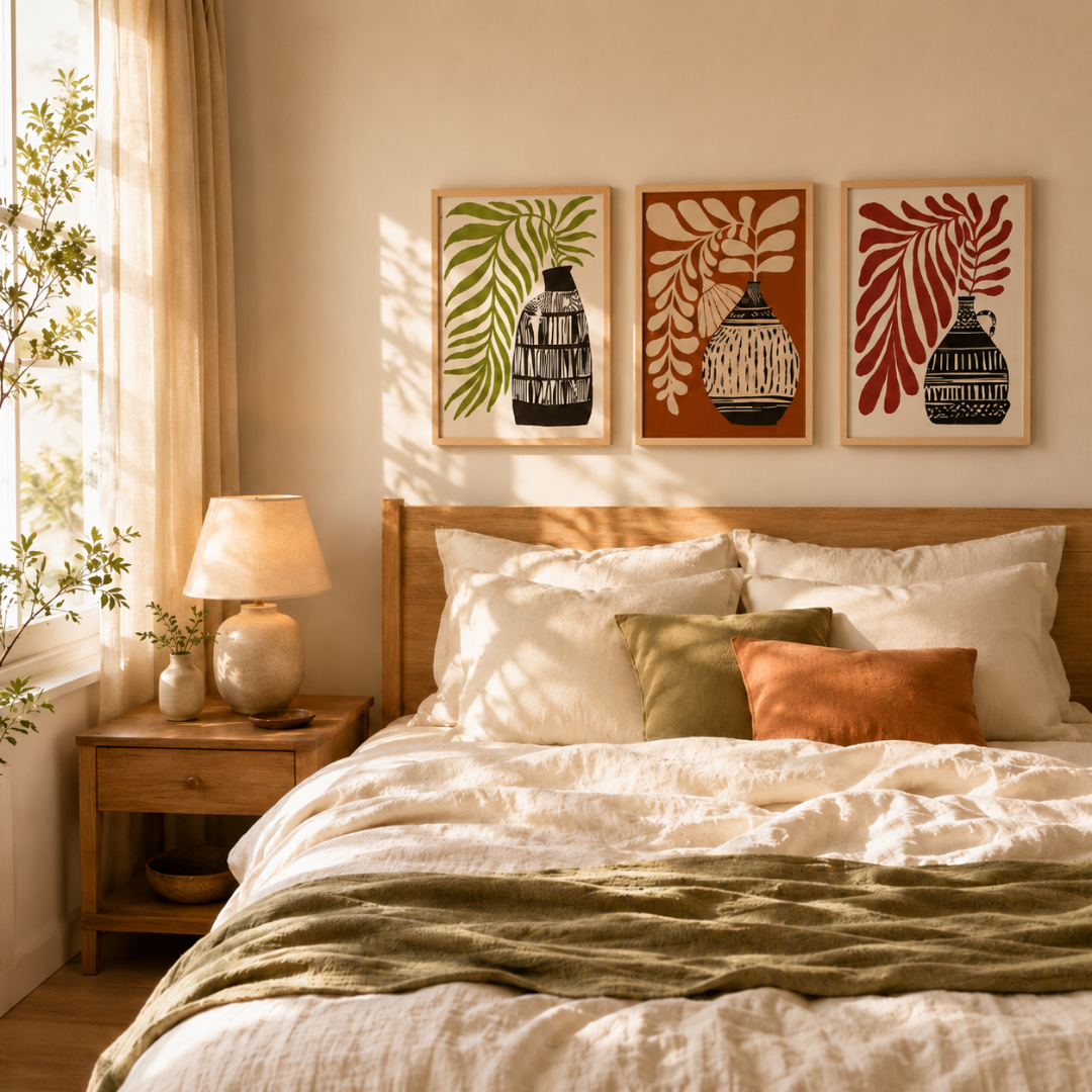 Rust red leaf branch in striped vase print on cream background