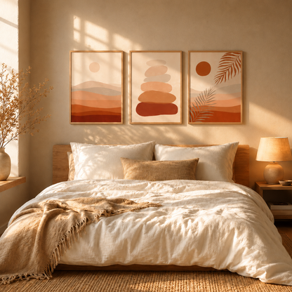 Abstract sun and palm leaf print with layered mountain silhouette