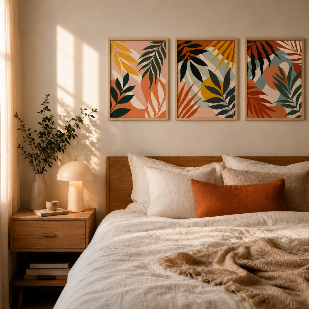 Abstract palm and fern leaf print with mustard yellow accents