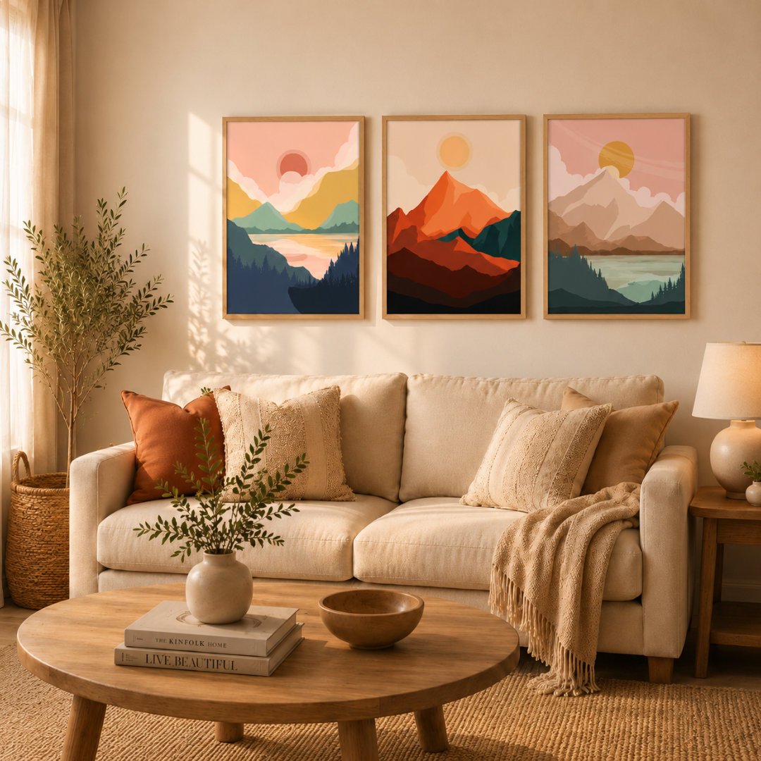 Three mountain landscape prints arranged as gallery wall set