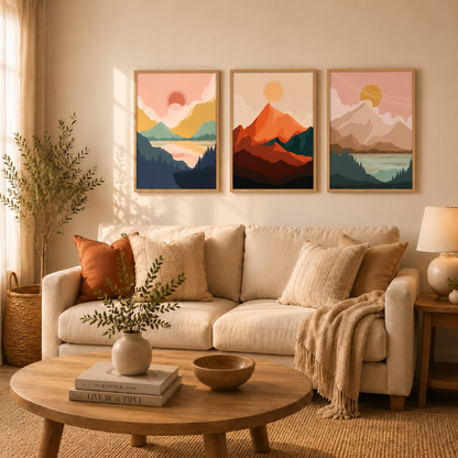 Three mountain landscape prints arranged as gallery wall set