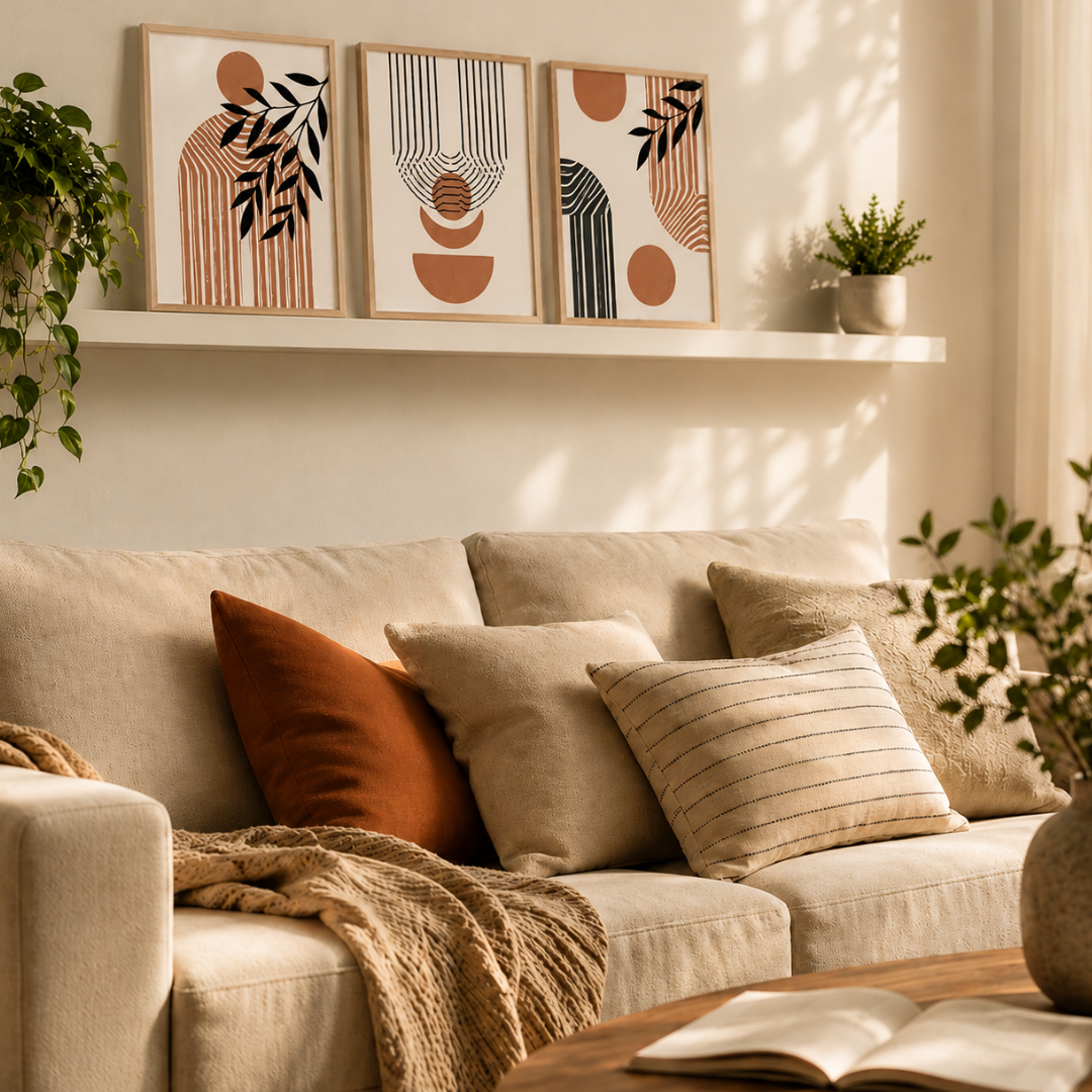 Terracotta arch and sun print with botanical leaf branch overlay
