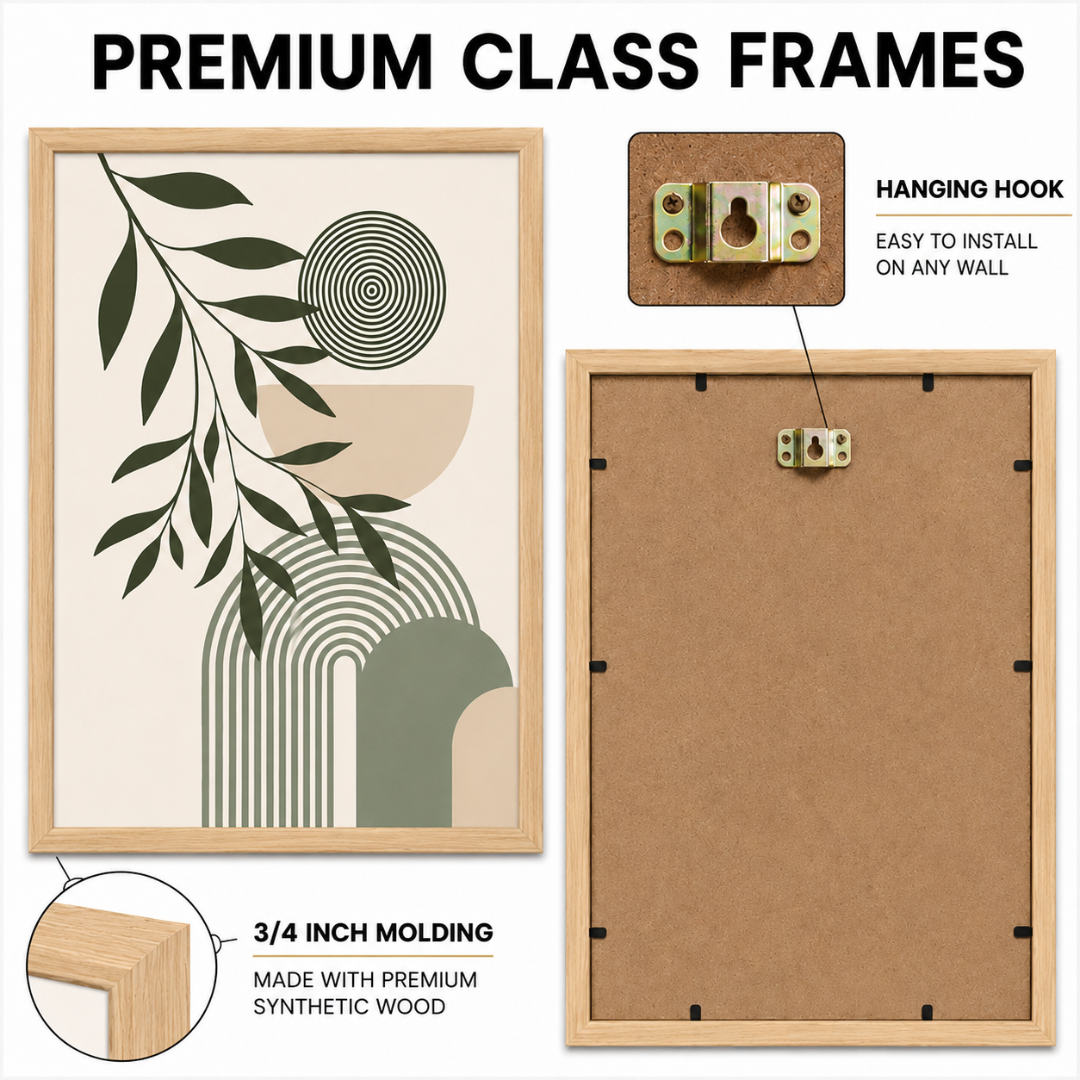 Close-up of natural wood frame corner on boho wall art