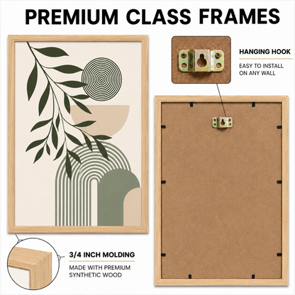 Close-up of natural wood frame corner on boho wall art