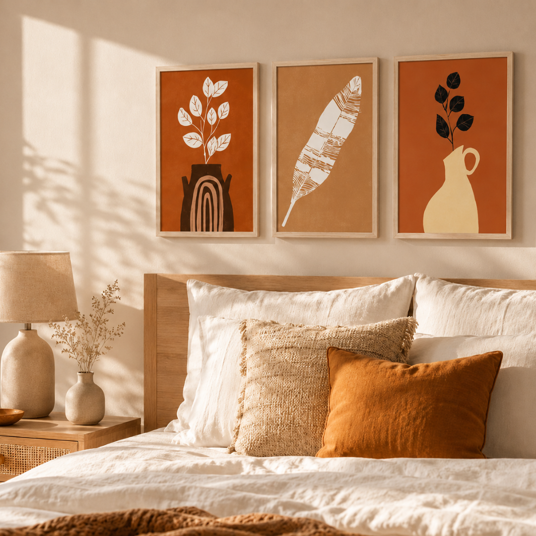 Leaf branch in striped vase print on terracotta background