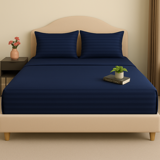 Pure Luxe - 100% Cotton 210 TC Satin Stripe King Size Bedsheet - Navy Blue