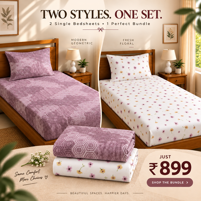 Single Bedsheet Combo Pack of 2 | Floral & Geometric Designs