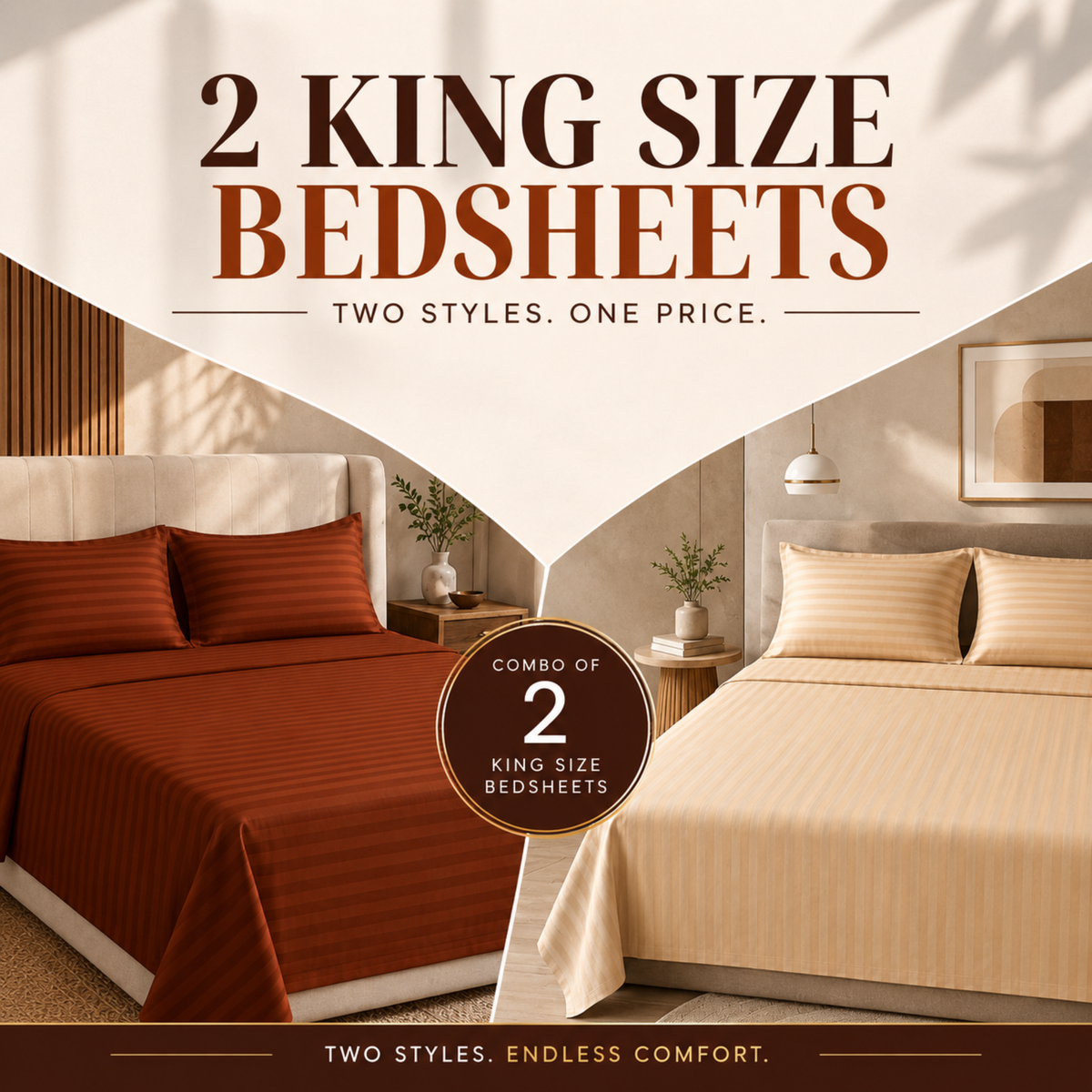 Pure Luxe 100% Cotton King Size Bedsheet Set of 2 | 210 TC Satin Stripe | Brown & Beige