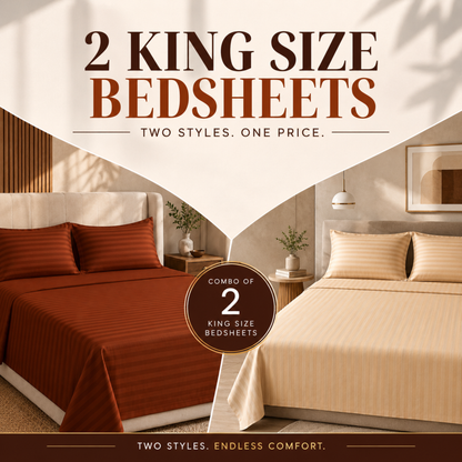 Pure Luxe 100% Cotton King Size Bedsheet Set of 2 | 210 TC Satin Stripe | Brown & Beige