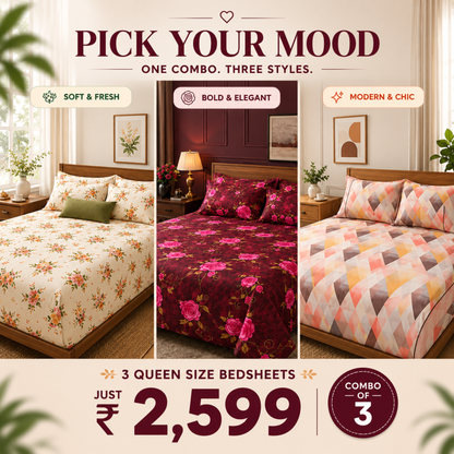 Queen Size Bedsheet Combo – Pack of 3 Printed Bedsheets | Floral & Modern Designs