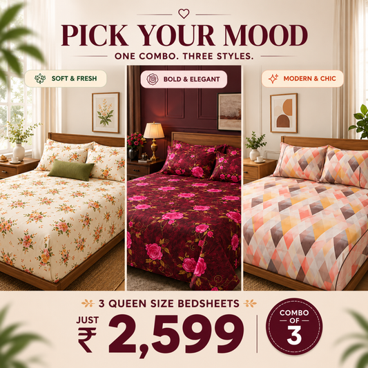 Queen Size Bedsheet Combo – Pack of 3 Printed Bedsheets | Floral & Modern Designs