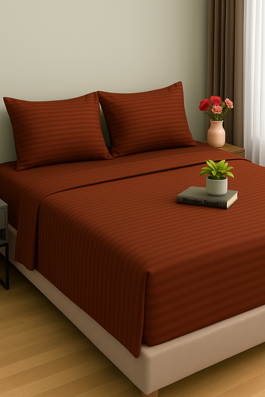 Pure Luxe - 100% Cotton 210 TC Satin Stripe King Size Bedsheet - Brown