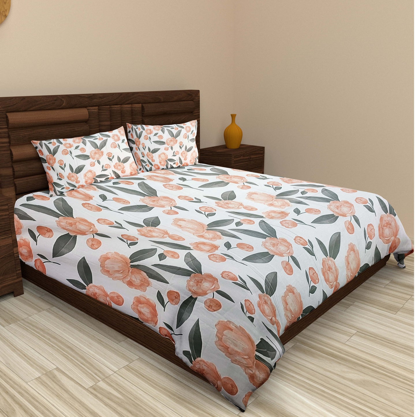 Elegance 100% Cotton King Size Bedsheet - Orange & Green