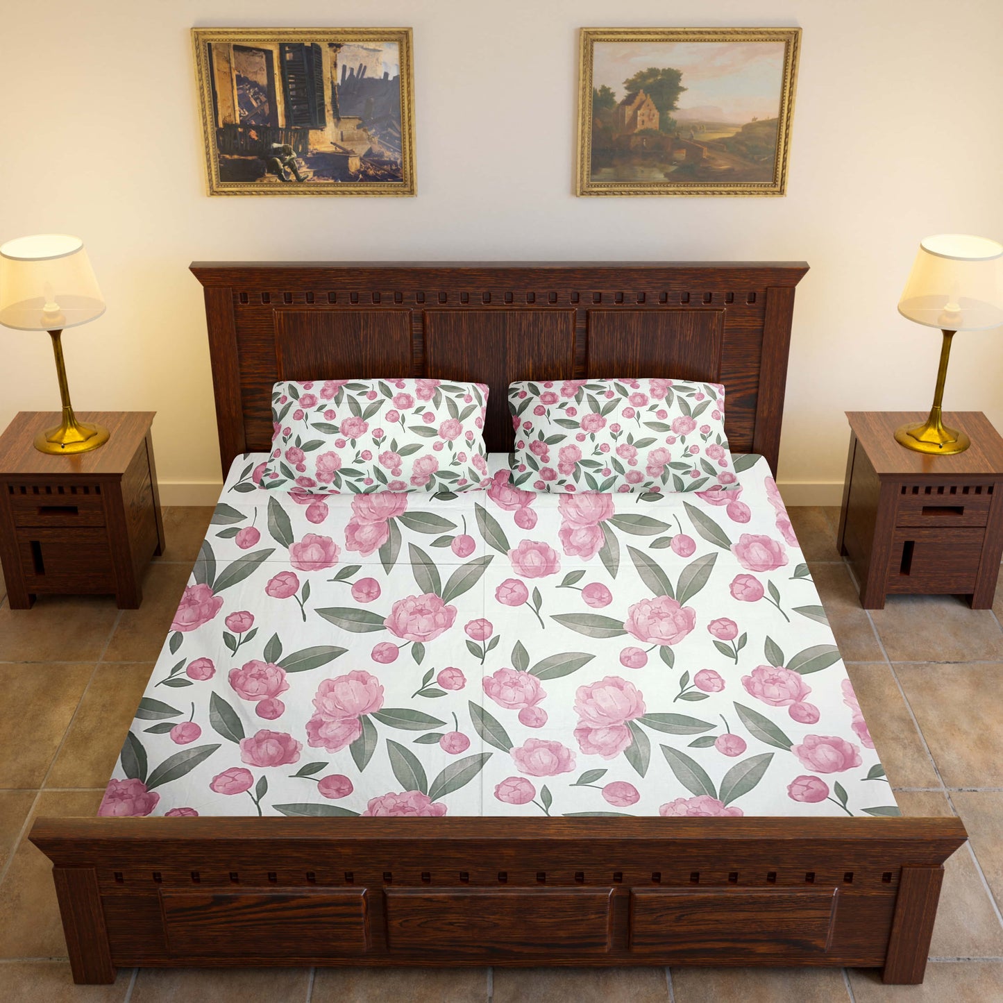 Elegance 100% Cotton King Size Bedsheet - Pink & Green